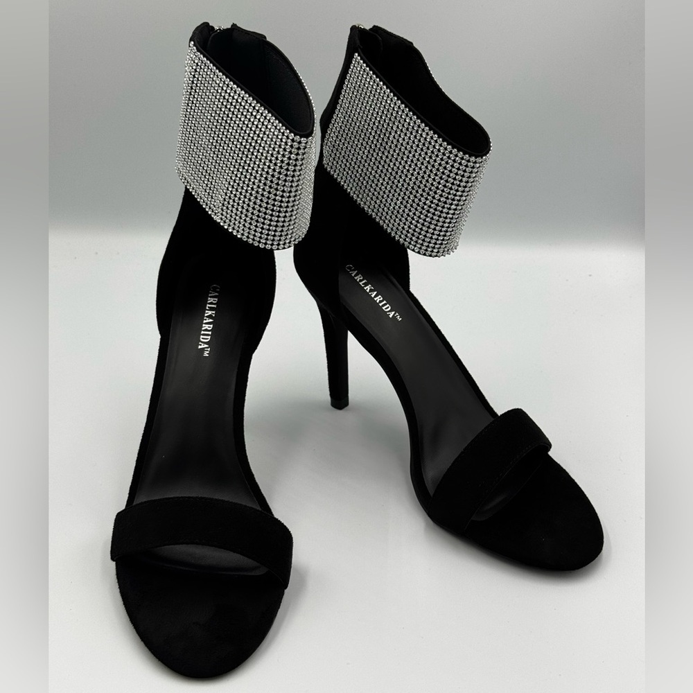 Black Rhinestone Ankle Strap Heels – Size 9 | Suede Stiletto High Heels
